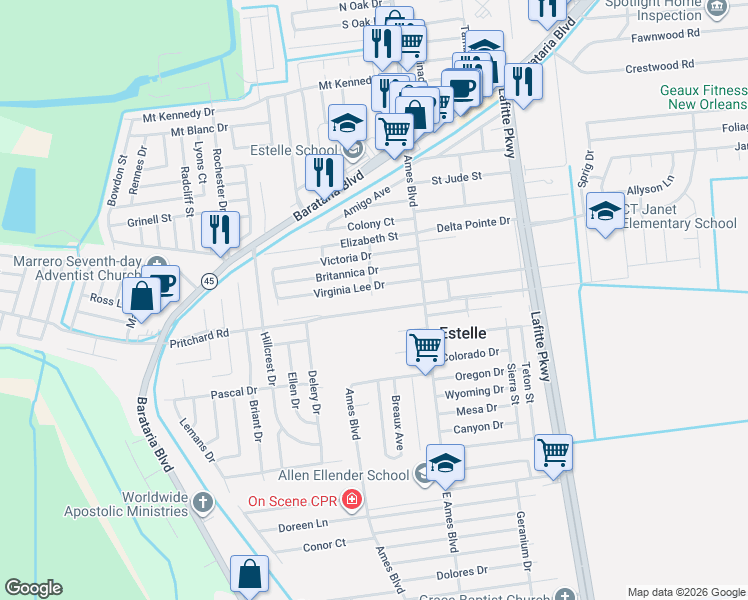 map of restaurants, bars, coffee shops, grocery stores, and more near 2816 Pritchard Road in Marrero