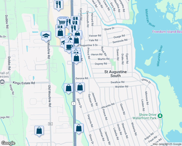 map of restaurants, bars, coffee shops, grocery stores, and more near 612 Prince Road in St. Augustine