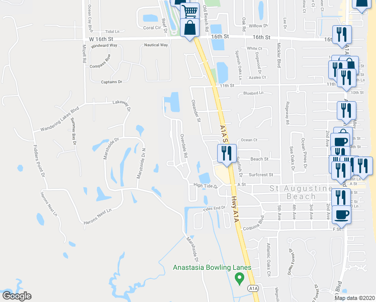 map of restaurants, bars, coffee shops, grocery stores, and more near 1148 Overdale Road in St. Augustine