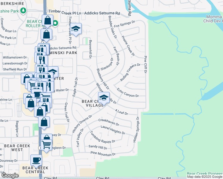 map of restaurants, bars, coffee shops, grocery stores, and more near 4818 Blueberry Hill Drive in Houston