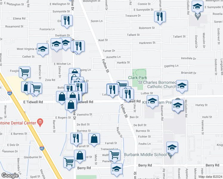 map of restaurants, bars, coffee shops, grocery stores, and more near 88 Burbank Street in Houston