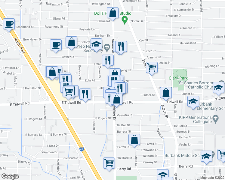 map of restaurants, bars, coffee shops, grocery stores, and more near 5517 Airline Dr in Houston