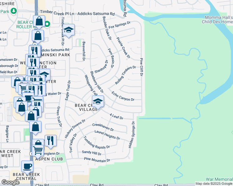 map of restaurants, bars, coffee shops, grocery stores, and more near 15806 Echo Canyon Drive in Houston
