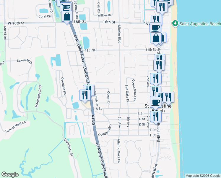 map of restaurants, bars, coffee shops, grocery stores, and more near 416 Ocean Drive in St. Augustine