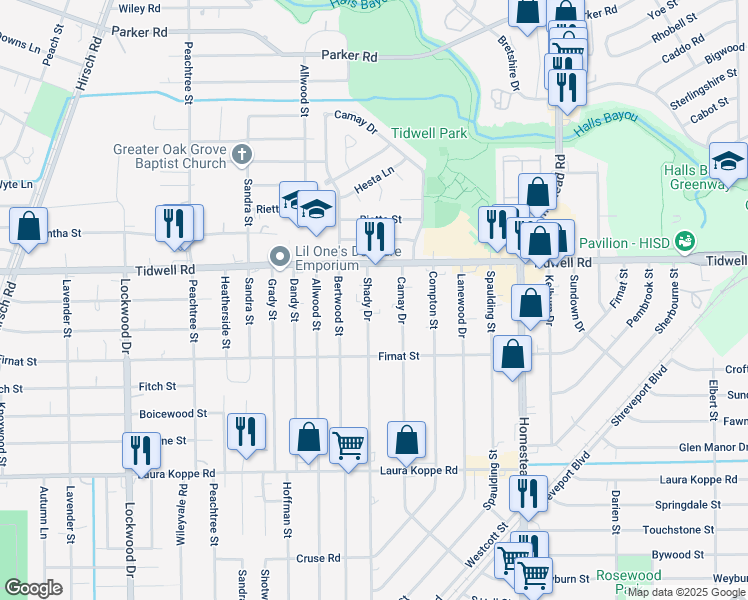 map of restaurants, bars, coffee shops, grocery stores, and more near 9406 Shady Drive in Houston