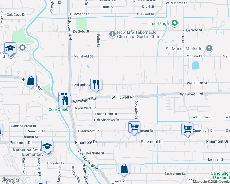 map of restaurants, bars, coffee shops, grocery stores, and more near 5600 Bertellis Lane in Houston
