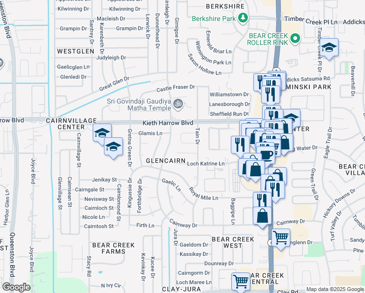 map of restaurants, bars, coffee shops, grocery stores, and more near 16627 Ben Ledi Drive in Houston