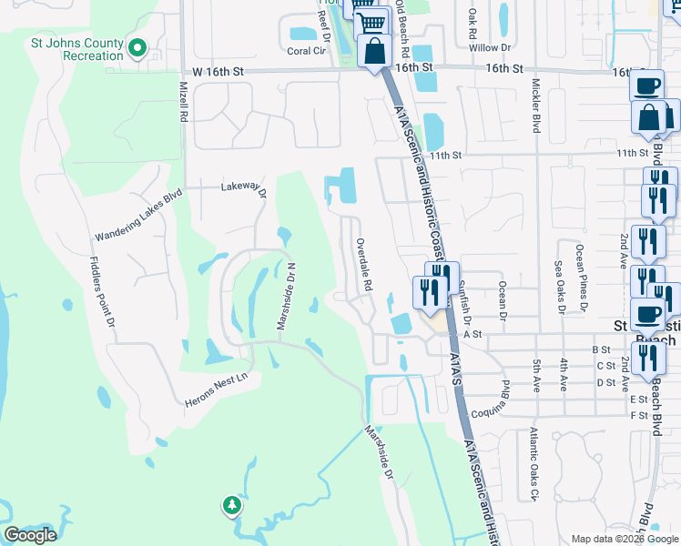 map of restaurants, bars, coffee shops, grocery stores, and more near 435 High Tide Drive in St. Augustine