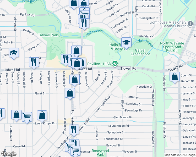 map of restaurants, bars, coffee shops, grocery stores, and more near 9321 Firnat Street in Houston