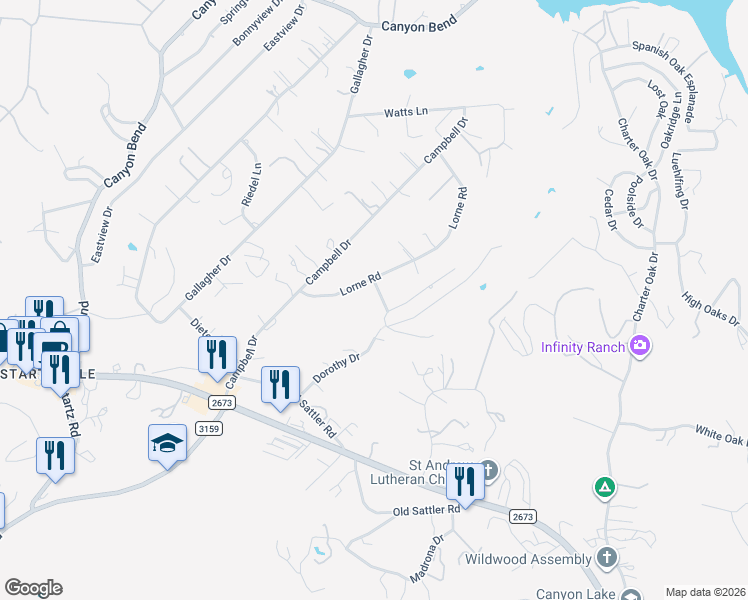 map of restaurants, bars, coffee shops, grocery stores, and more near 631 Lorne Road in Canyon Lake