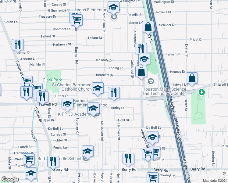 map of restaurants, bars, coffee shops, grocery stores, and more near 9503 Craven Oaks Street in Houston