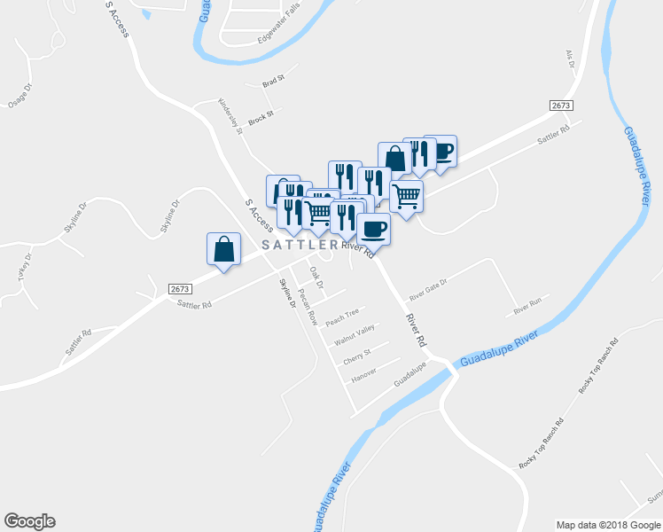 map of restaurants, bars, coffee shops, grocery stores, and more near 146 Holiday Loop in New Braunfels