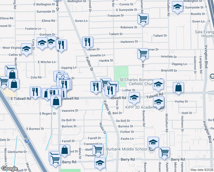 map of restaurants, bars, coffee shops, grocery stores, and more near 126 Burbank Street in Houston