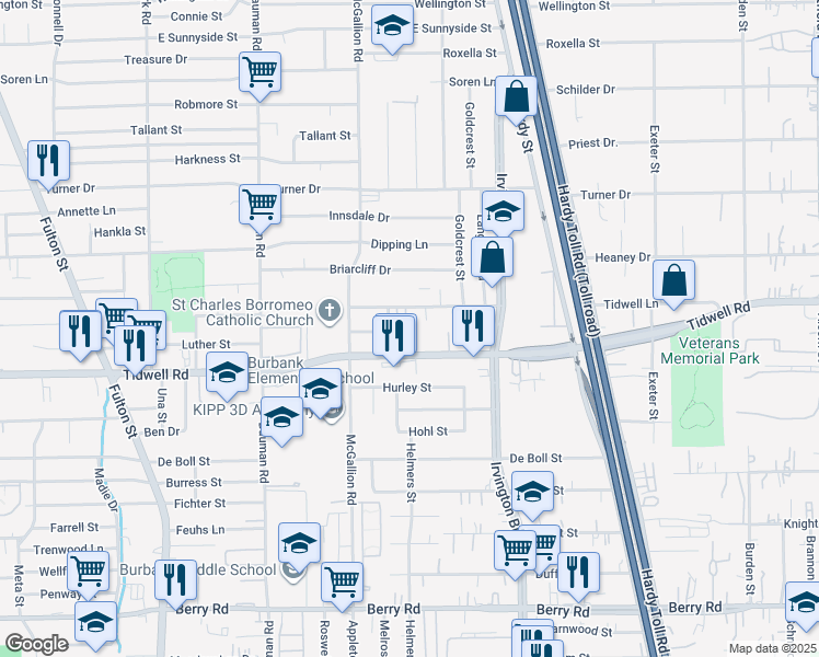 map of restaurants, bars, coffee shops, grocery stores, and more near 9502 Craven Gardens Street in Houston