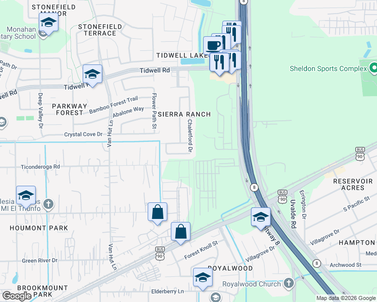 map of restaurants, bars, coffee shops, grocery stores, and more near 13323 Dennis Way Lane in Houston