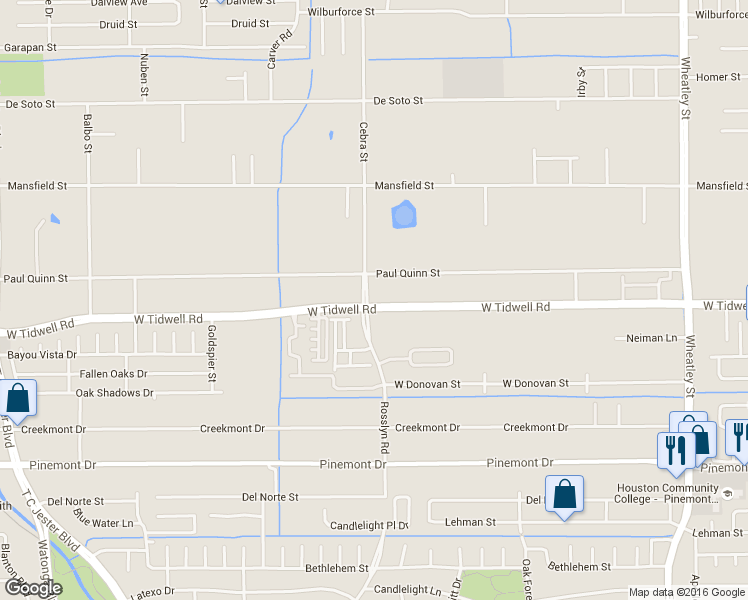 map of restaurants, bars, coffee shops, grocery stores, and more near 2100 Paul Quinn Street in Houston