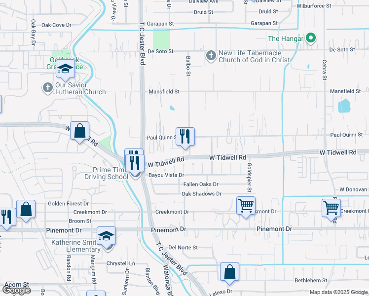 map of restaurants, bars, coffee shops, grocery stores, and more near 3207 Paul Quinn Street in Houston
