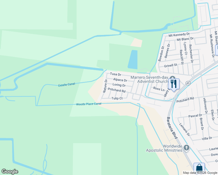 map of restaurants, bars, coffee shops, grocery stores, and more near 5425 Pritchard Road in Marrero