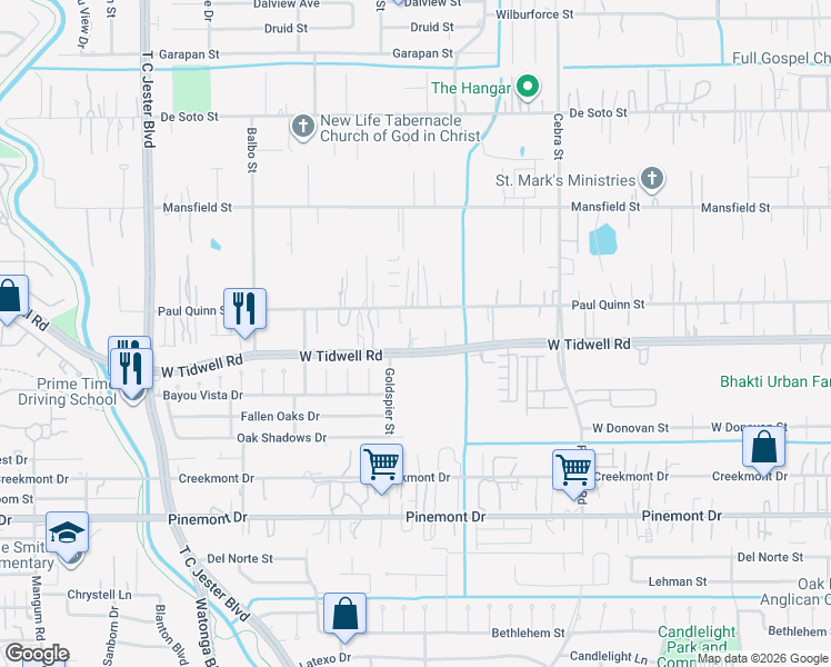 map of restaurants, bars, coffee shops, grocery stores, and more near 2612 West Tidwell Road in Houston
