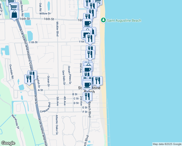 map of restaurants, bars, coffee shops, grocery stores, and more near 12 3rd Street in St. Augustine