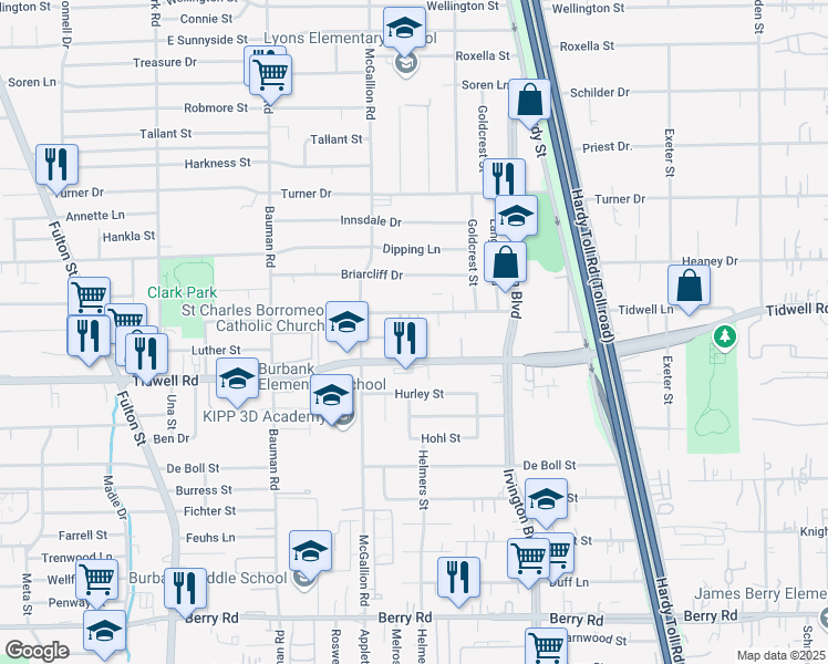 map of restaurants, bars, coffee shops, grocery stores, and more near 620 Luther Street in Houston