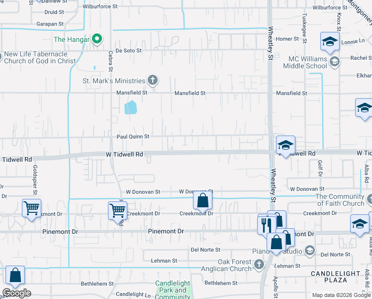 map of restaurants, bars, coffee shops, grocery stores, and more near 1621 Paul Quinn Street in Houston