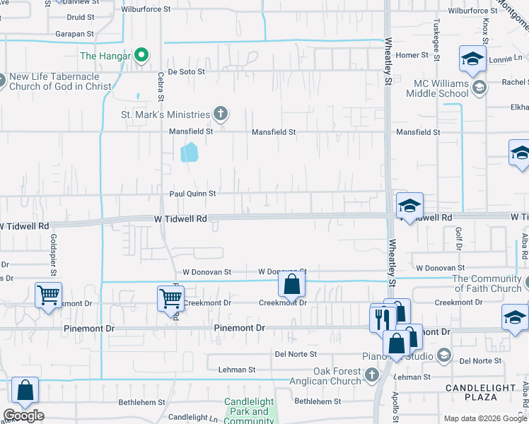 map of restaurants, bars, coffee shops, grocery stores, and more near 1621 Paul Quinn Street in Houston