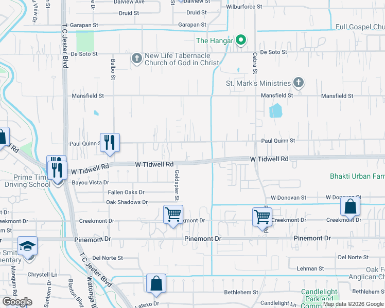 map of restaurants, bars, coffee shops, grocery stores, and more near 2612 West Tidwell Road in Houston