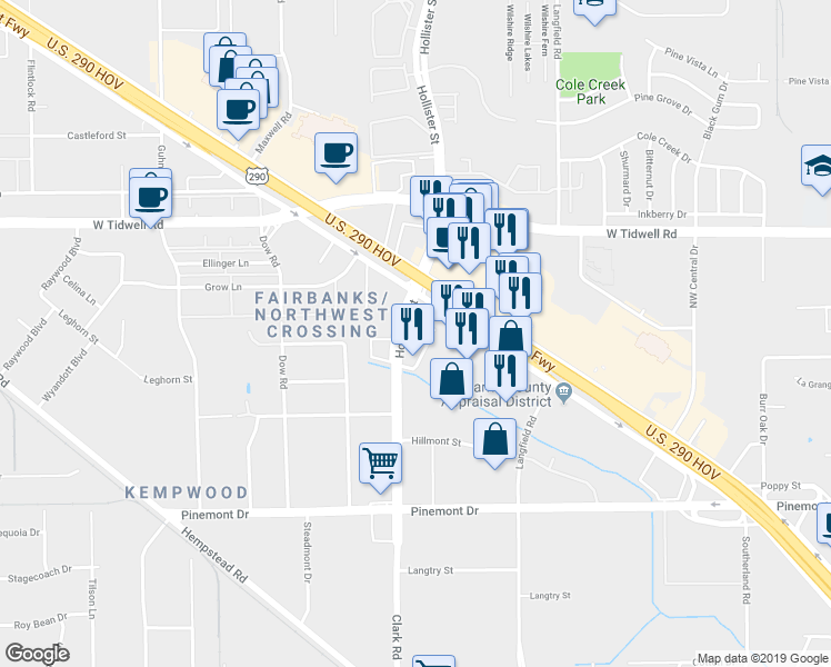 map of restaurants, bars, coffee shops, grocery stores, and more near 13171 Northwest Freeway in Houston
