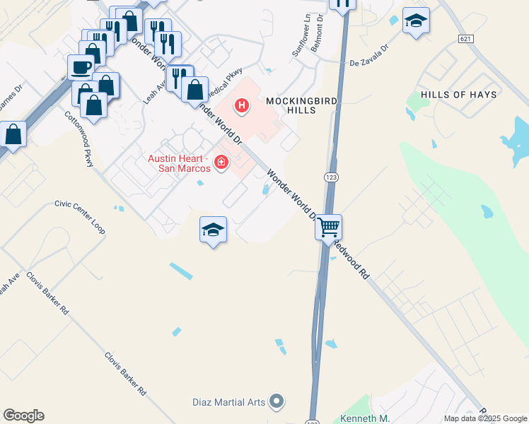 map of restaurants, bars, coffee shops, grocery stores, and more near 1428 Wonder World Drive in San Marcos