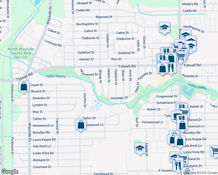 map of restaurants, bars, coffee shops, grocery stores, and more near 9230 Seeker Street in Houston