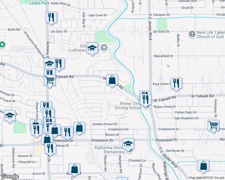 map of restaurants, bars, coffee shops, grocery stores, and more near 5603 Deepcreek Lane in Houston