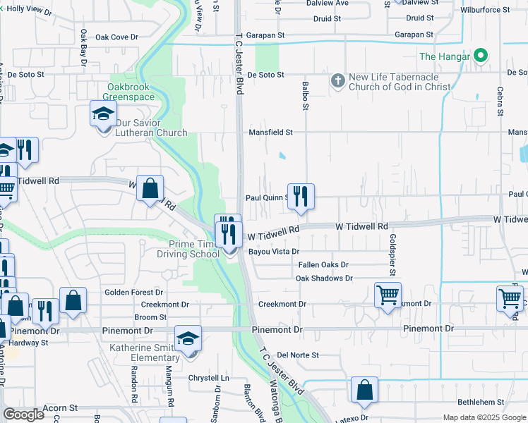 map of restaurants, bars, coffee shops, grocery stores, and more near 3321 Paul Quinn Street in Houston