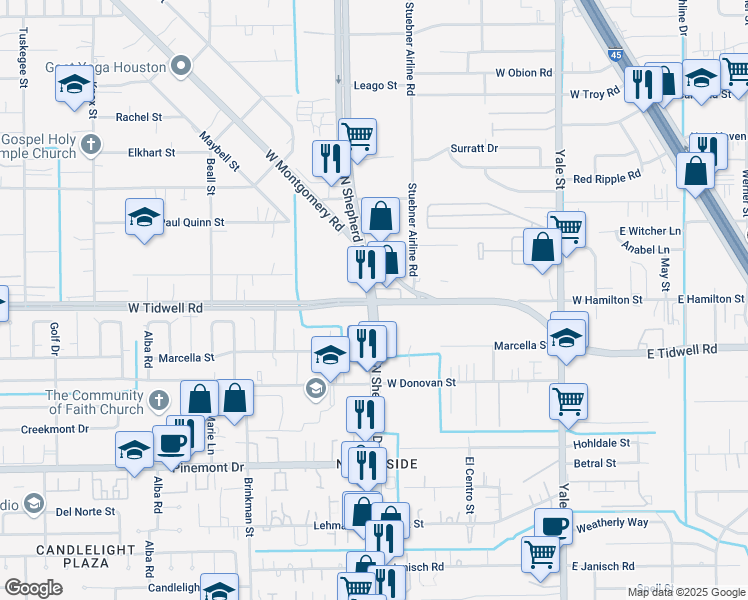 map of restaurants, bars, coffee shops, grocery stores, and more near N Shepherd Dr & W Tidwell Rd in Houston