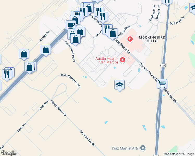 map of restaurants, bars, coffee shops, grocery stores, and more near 1451 Sadler Drive in San Marcos