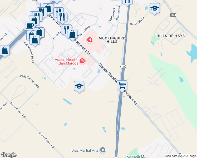 map of restaurants, bars, coffee shops, grocery stores, and more near 1428 Wonder World Drive in San Marcos