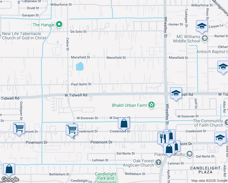 map of restaurants, bars, coffee shops, grocery stores, and more near 1621 Paul Quinn Street in Houston