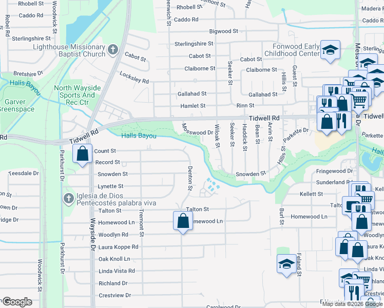 map of restaurants, bars, coffee shops, grocery stores, and more near 9226 Denton Street in Houston