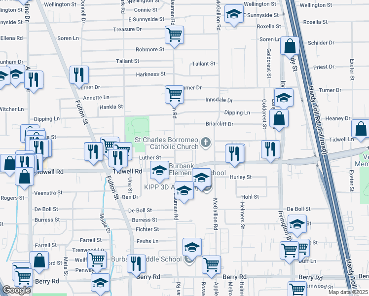 map of restaurants, bars, coffee shops, grocery stores, and more near 9400 Bauman Road in Houston