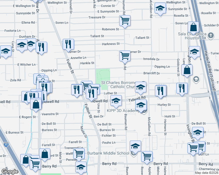 map of restaurants, bars, coffee shops, grocery stores, and more near 169 Luther Street in Houston