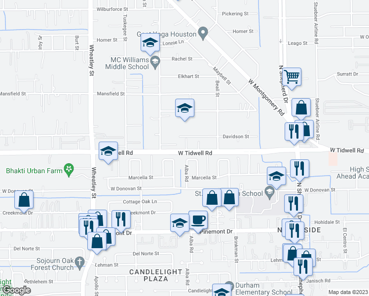 map of restaurants, bars, coffee shops, grocery stores, and more near 5603 Madison Street in Houston
