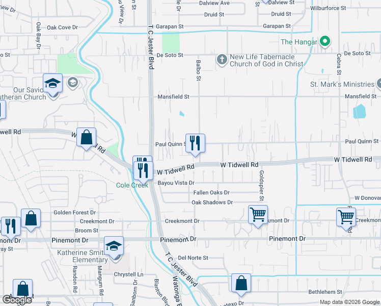 map of restaurants, bars, coffee shops, grocery stores, and more near 3207 Paul Quinn Street in Houston