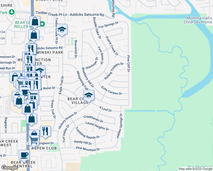 map of restaurants, bars, coffee shops, grocery stores, and more near 15806 Echo Canyon Drive in Houston