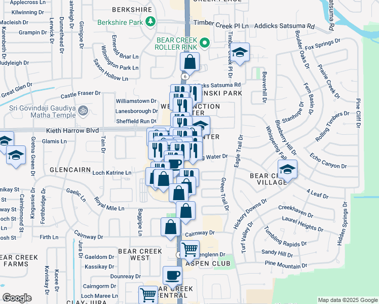 map of restaurants, bars, coffee shops, grocery stores, and more near 16179 Rippling Water Drive in Houston