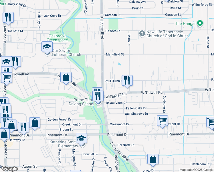 map of restaurants, bars, coffee shops, grocery stores, and more near 3435 Paul Quinn Street in Houston