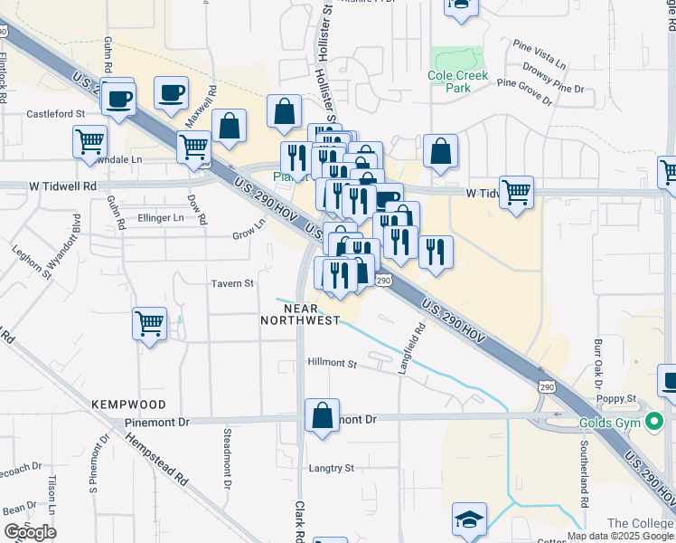 map of restaurants, bars, coffee shops, grocery stores, and more near 13171 Northwest Freeway in Houston