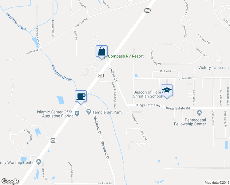 map of restaurants, bars, coffee shops, grocery stores, and more near 473 Sawmill Landing Drive in St. Augustine