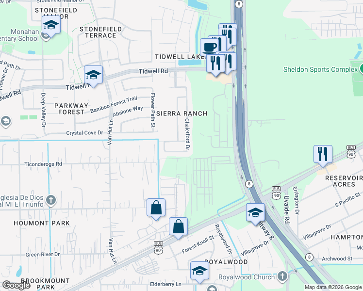 map of restaurants, bars, coffee shops, grocery stores, and more near 8506 Chaletford Drive in Houston