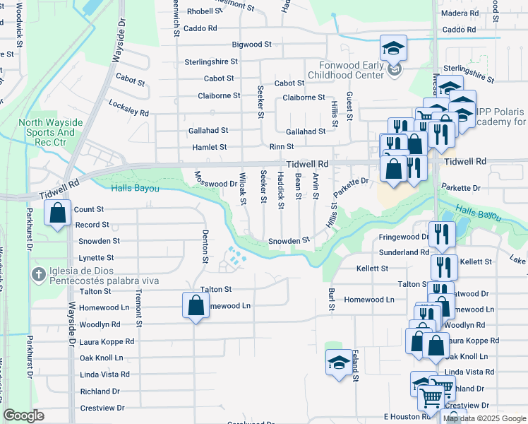 map of restaurants, bars, coffee shops, grocery stores, and more near 9230 Seeker Street in Houston