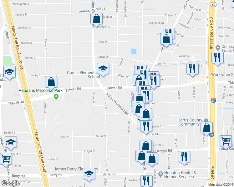 map of restaurants, bars, coffee shops, grocery stores, and more near 2600 Aldine Westfield Road in Houston